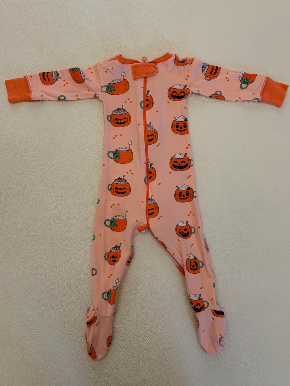 EUC TBBC Pumpkin Latte Print One-Piece Zipper Footed Pajamas, 3-6mo
